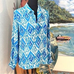 Dora Landa,Pure Silk Blue Ikat Button Up Neck Blouse, Gorgeous Colors, M